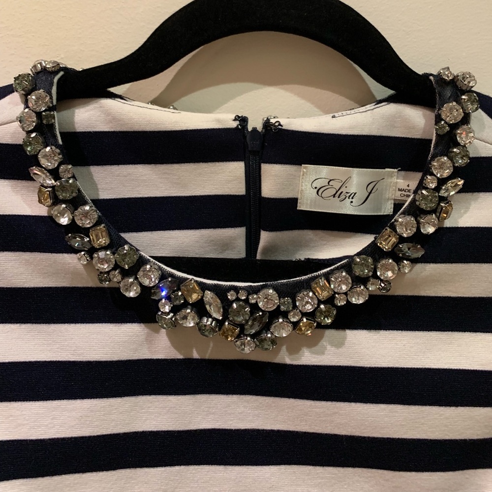 Eliza J Stripe Top With Jewel Neck